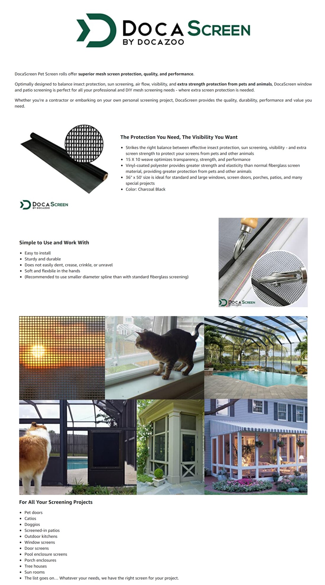 DocaScreen 36 in. x 50 ft. Pet Proof Screen Pet Resistant Screen for